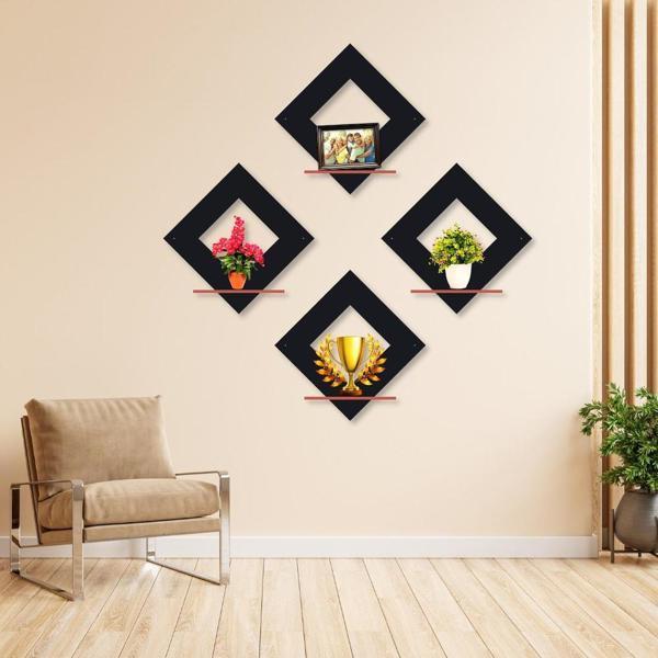 Modern Black Diamond Wall Shelves,Set of 4 MDF Wood Decor Shelves